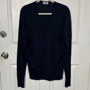 John Smedley Navy Blue New Zealand Wool Vneck long sleeve sweater top size Large